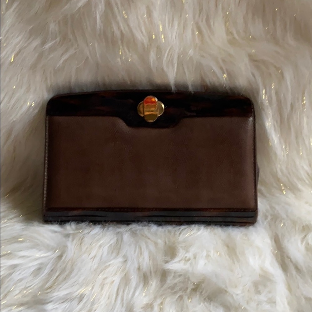 Brown leather clutch purse w/ optional gold chain